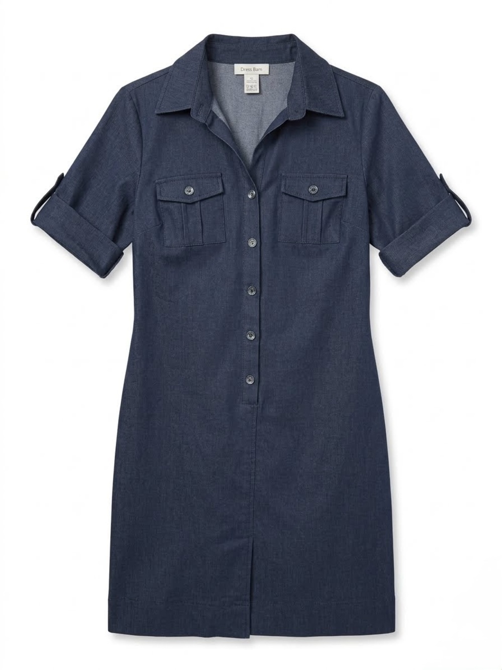 Dressbarn Denim Shirt Dress 10 Dark Wash Roll Tab Sleeve Utility Minimalist
